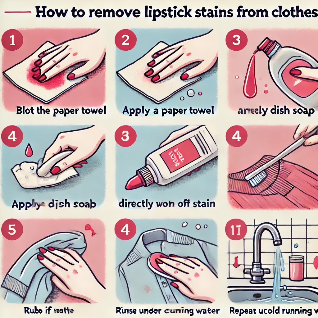 A detailed step by step infographic for removing lipstick stains from clothes